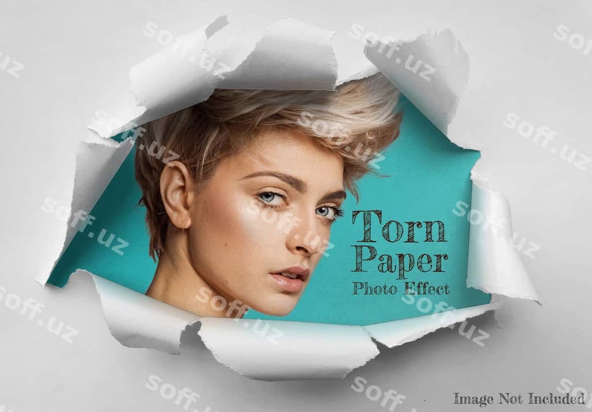Yo'nal yirtilgan varaq fotoeffekt mockup | Hole torn paper sheet photo effect mockup 1