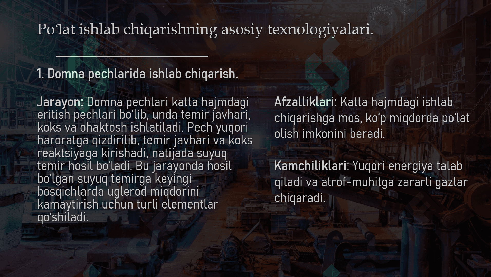 Poʻlat ishlab chiqarish texnologiyasi 1
