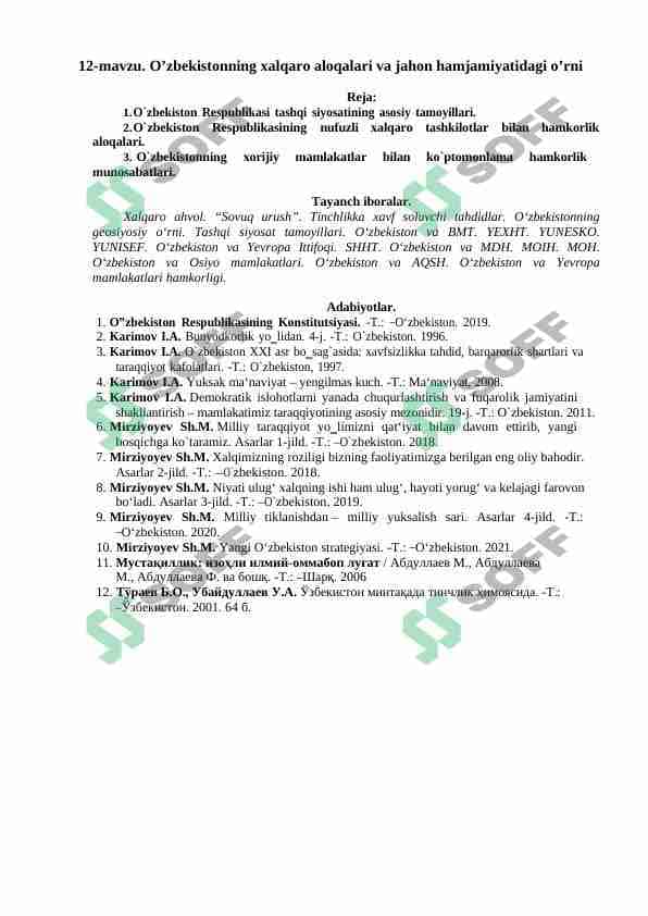 O’zbekistonning xalqaro aloqalari va jahon hamjamiyatidagi o’rni