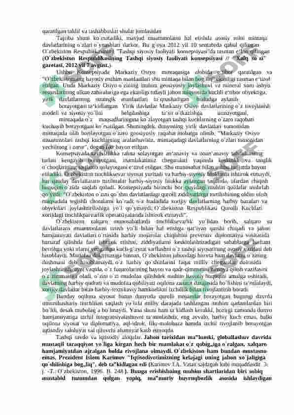 O’zbekistonning xalqaro aloqalari va jahon hamjamiyatidagi o’rni 7