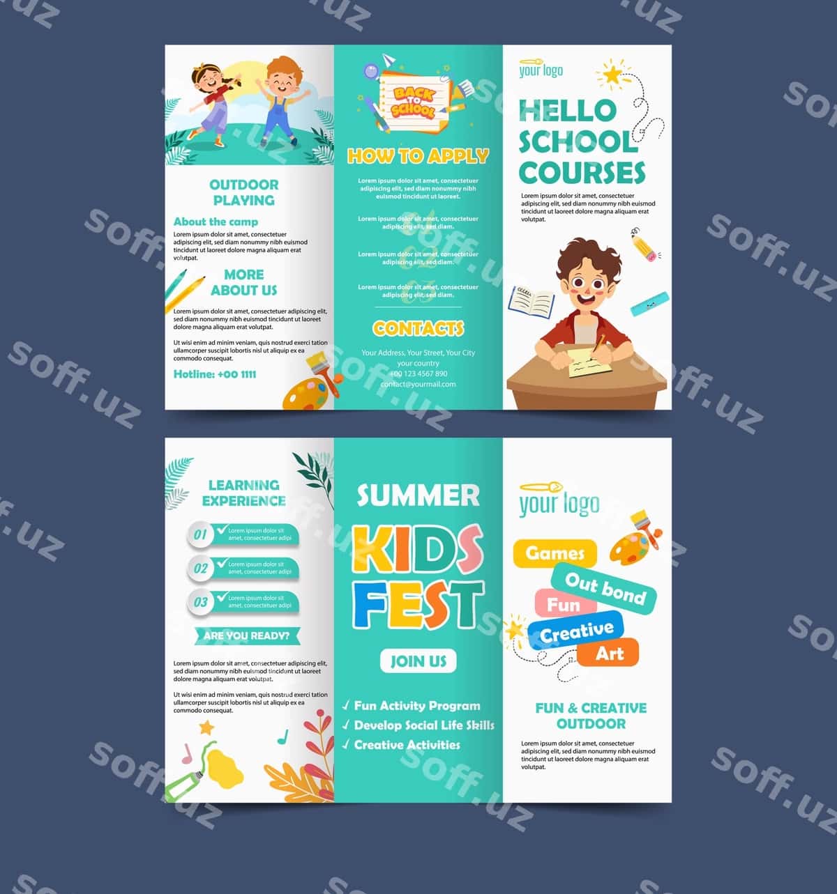 Bolalar maktabi uch qirra broshyur shabloni | Kids school trifold brochure template 1