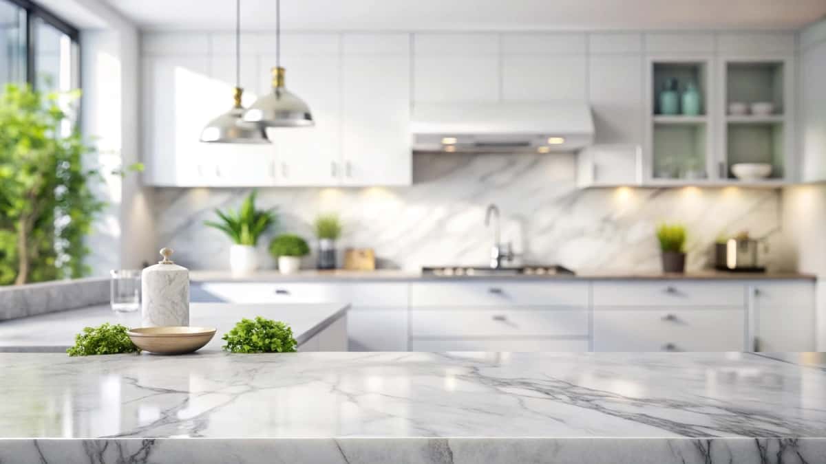 Marmar stol usti kosa ko'katlari bilan oshxona | Kitchen with marble counter top bowl greens 1