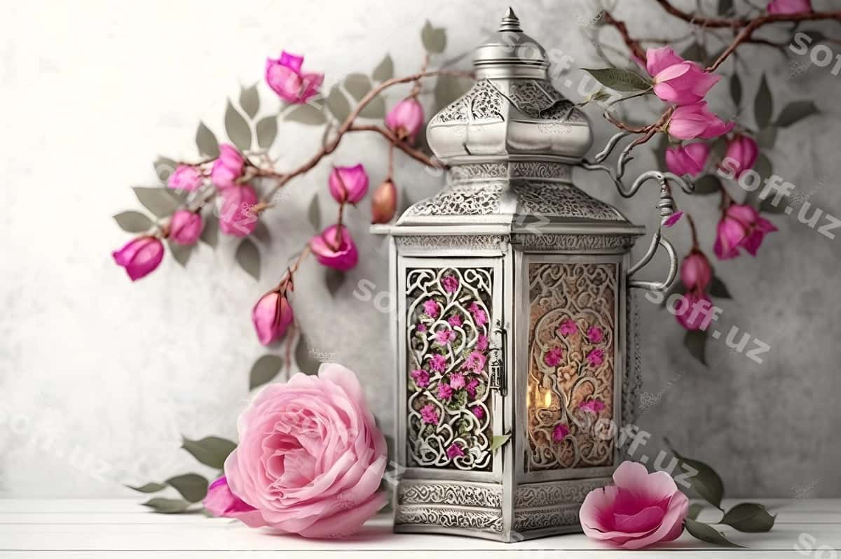 Pudra gullar orqa fonda fonari | Lantern with pink flowers background 1