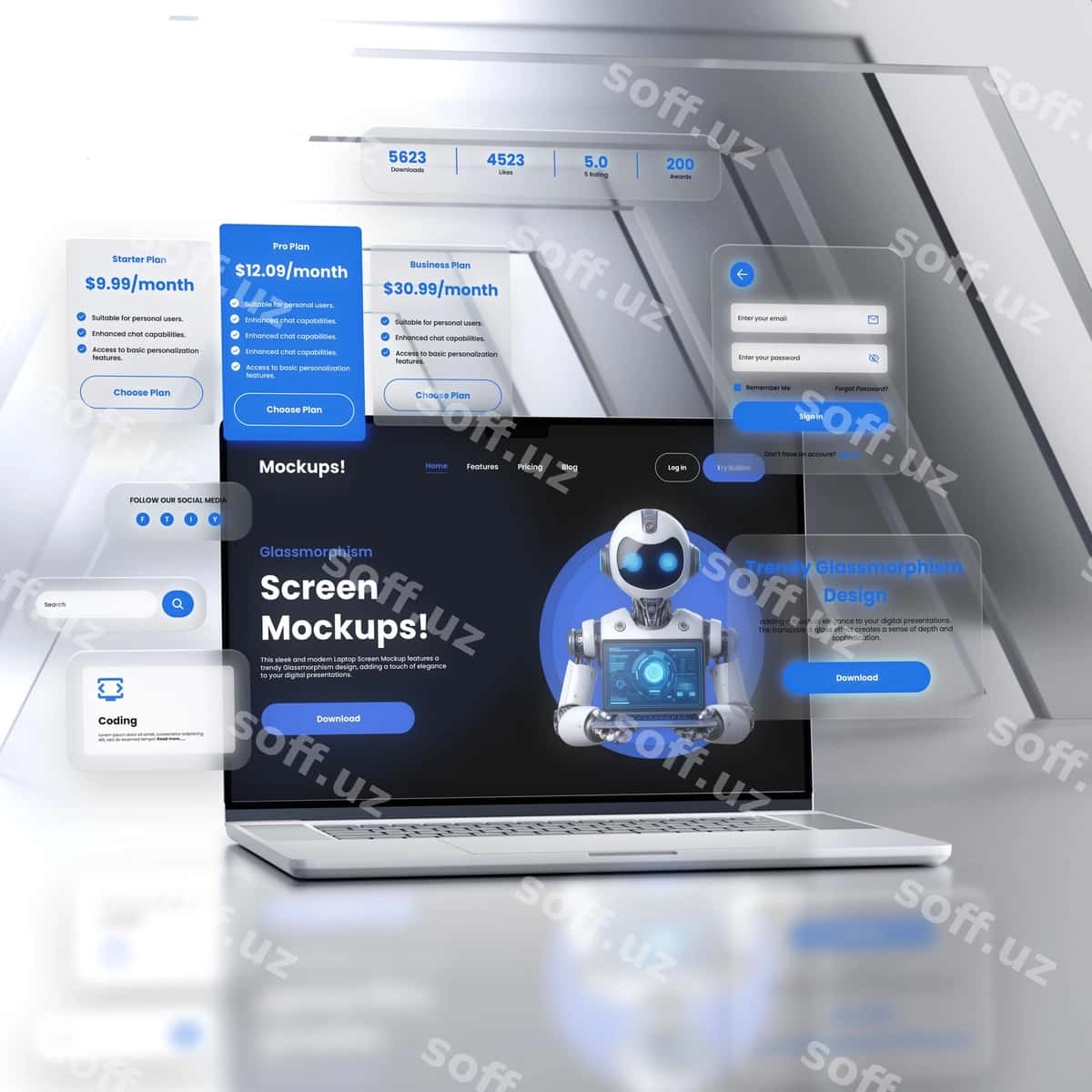 Noutbuk qurilma mock-up glassmorphism uslubi | Laptop device mock up glassmorphism style 1