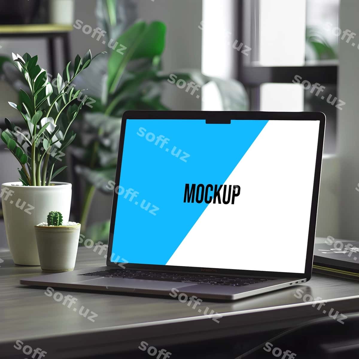 O'simliklar stoli bilan noutbuk maketi | Laptop mockup with plants desk 1