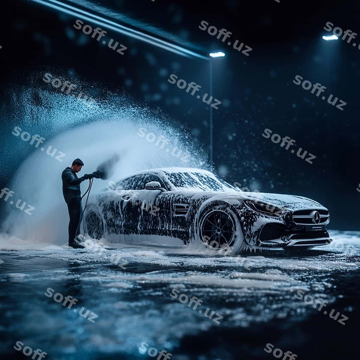 Erkak mashina yuvadi bosimli suv bilan | Man washing car with pressure water 1