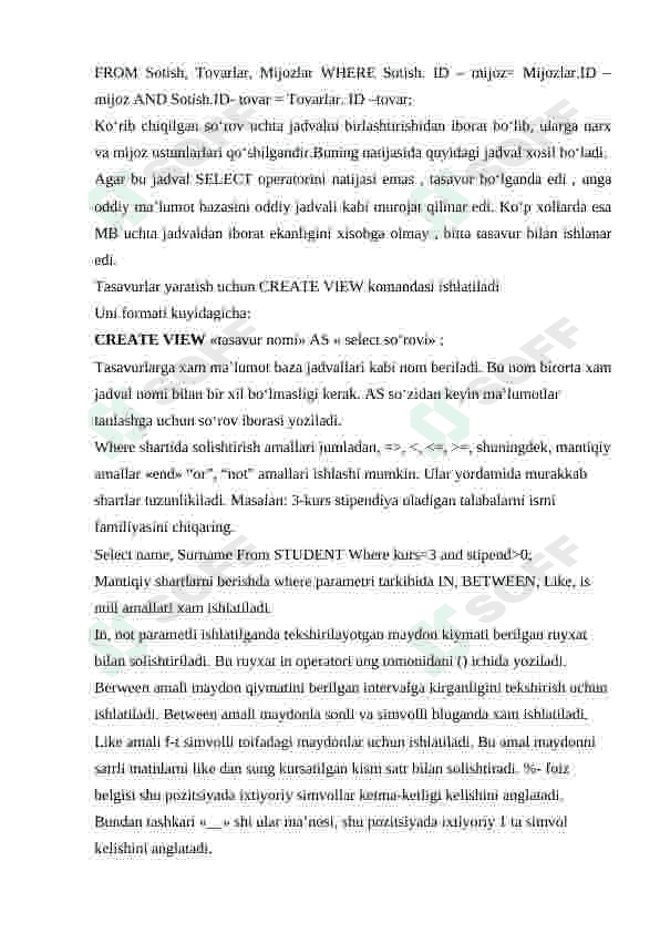 Jadvallar ustida so'rovlar . Where standart so'zidan foydalanish 2