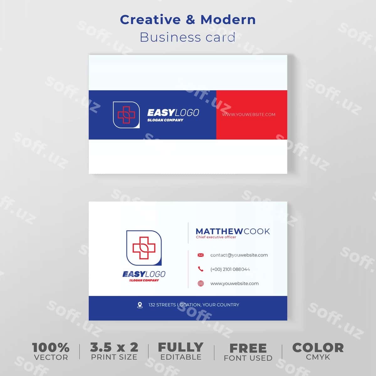 Zamonaviy biznes kartochka ko'k qizil | Modern business card blue red 1