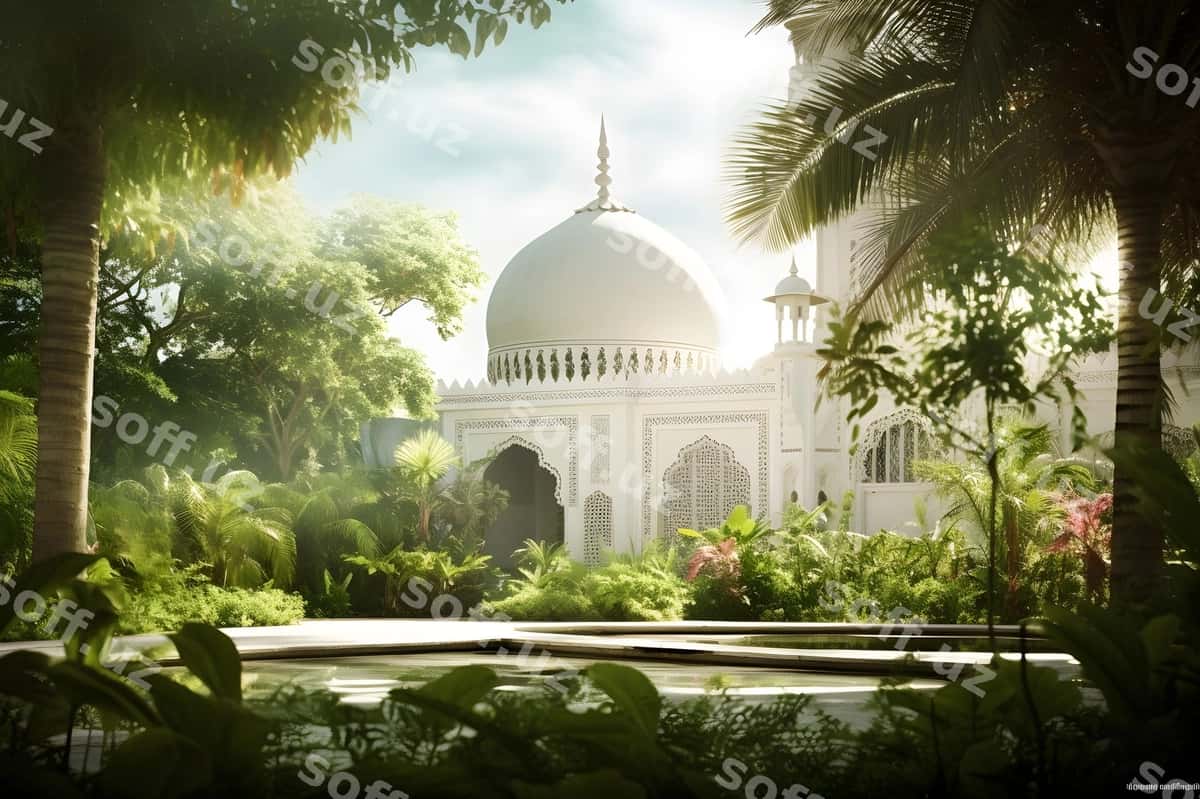 Masjid atrofida ziravorli yashil bog'lar joylashgan | Mosque surrounded by lush green gardens 1
