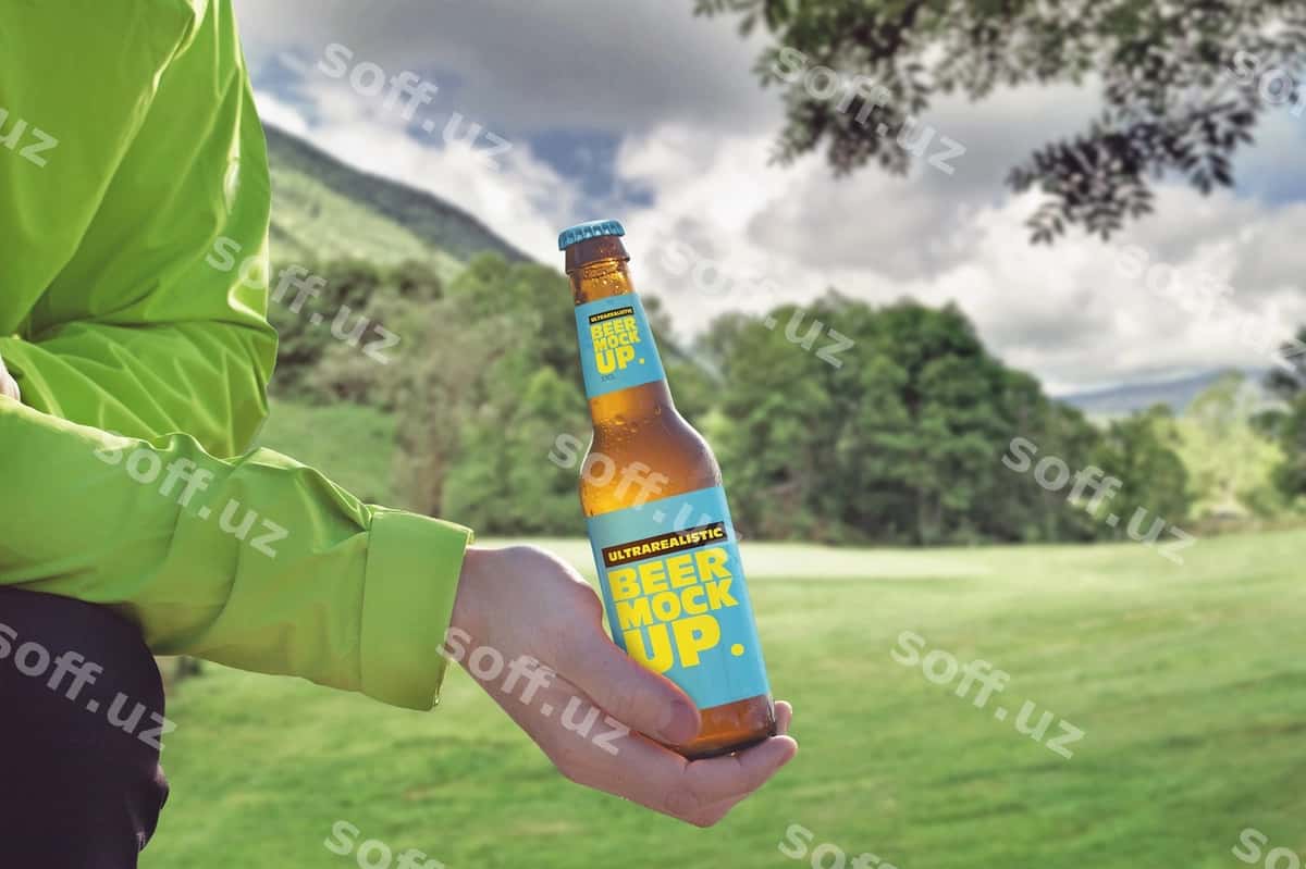 Cho'g'irma orqa fonda pivo mockup | Mountain background beer mockup 1