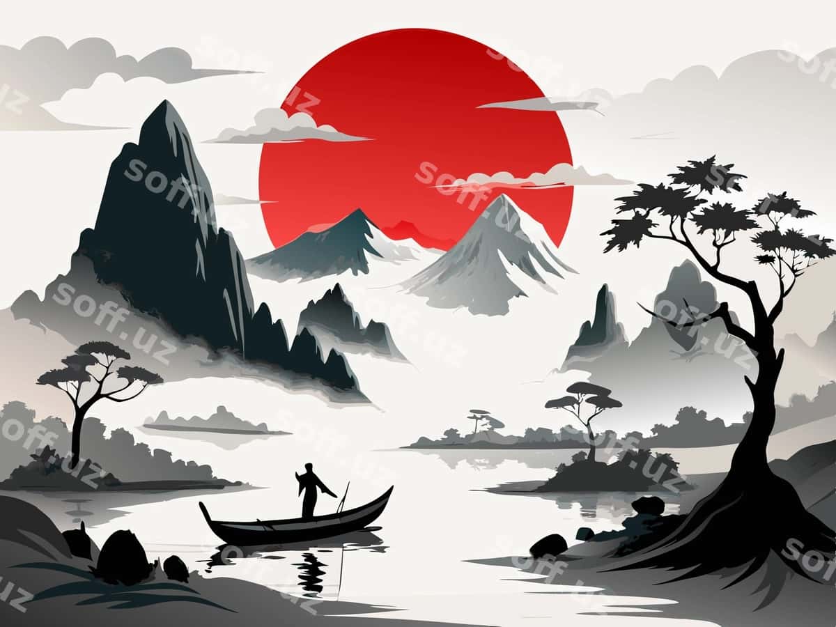 To'pka manzara qizil quyosh inson qayiq | Mountain landscape with red sun man boat 1