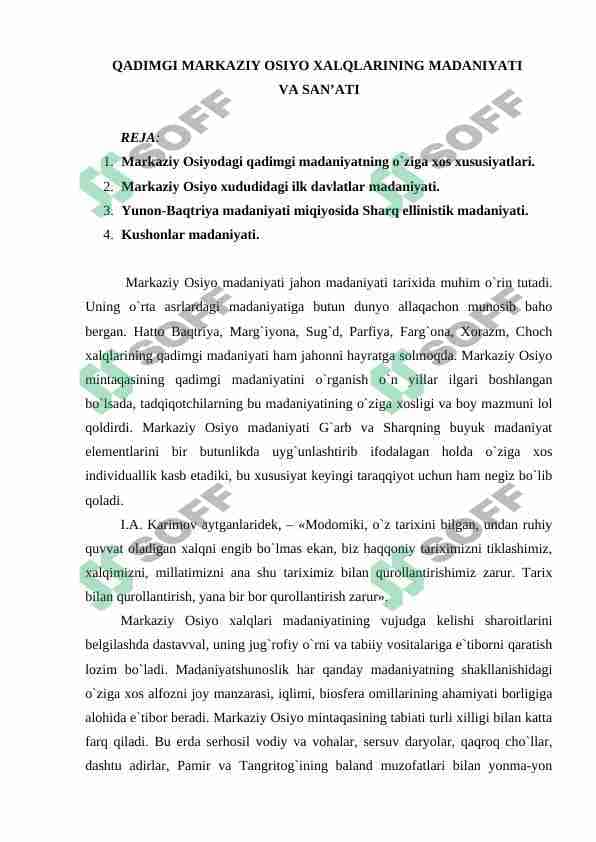 QADIMGI MARKAZIY OSIYO XALQLARINING MADANIYATI VA SAN’ATI