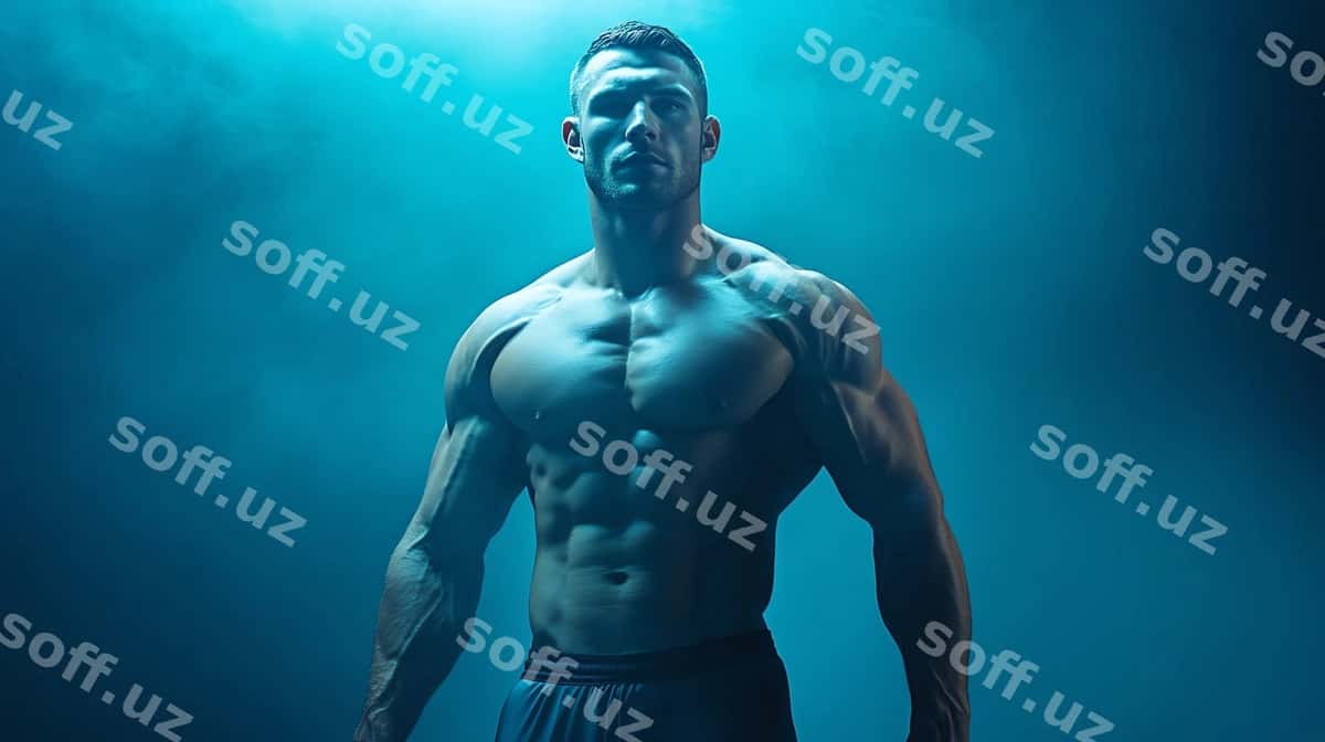 Kuchli erkak ko'k fon oldida turibdi. | Muscular man stands front blue background 1