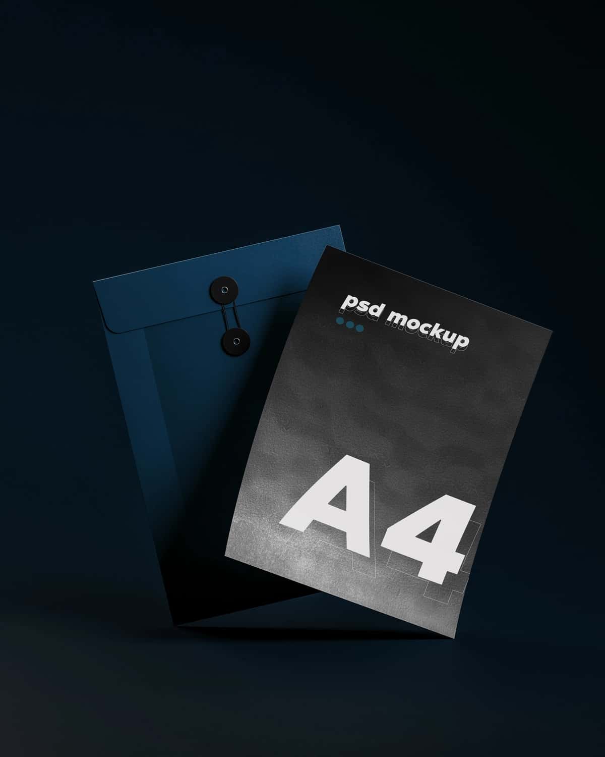 Statsionar a4 qora qog‘oz maketi ko‘k fon | Stationary a4 black paper mockup visualization navy background 1