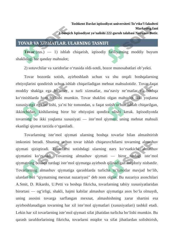 TOVAR VA XIZMATLAR. ULARNING TASNIFI 1