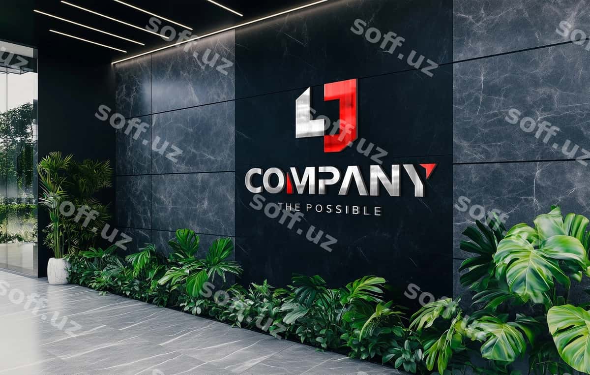 Ofis qabulxona devoridagi logotip namunasi | Office reception wall logo mockup 1