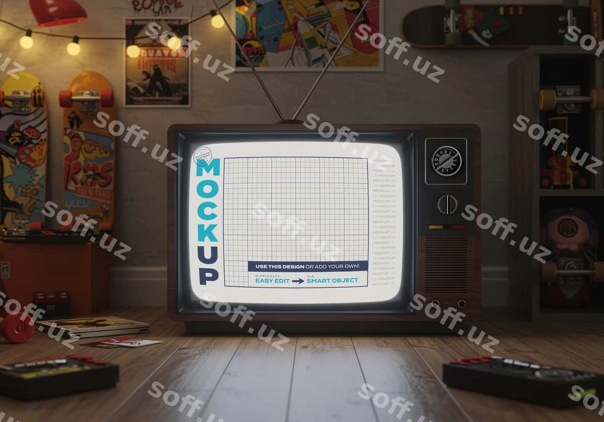 Eski uslubdagi retro TV stoyka pol namunasi | Old style retro tv stand floor mockup 1
