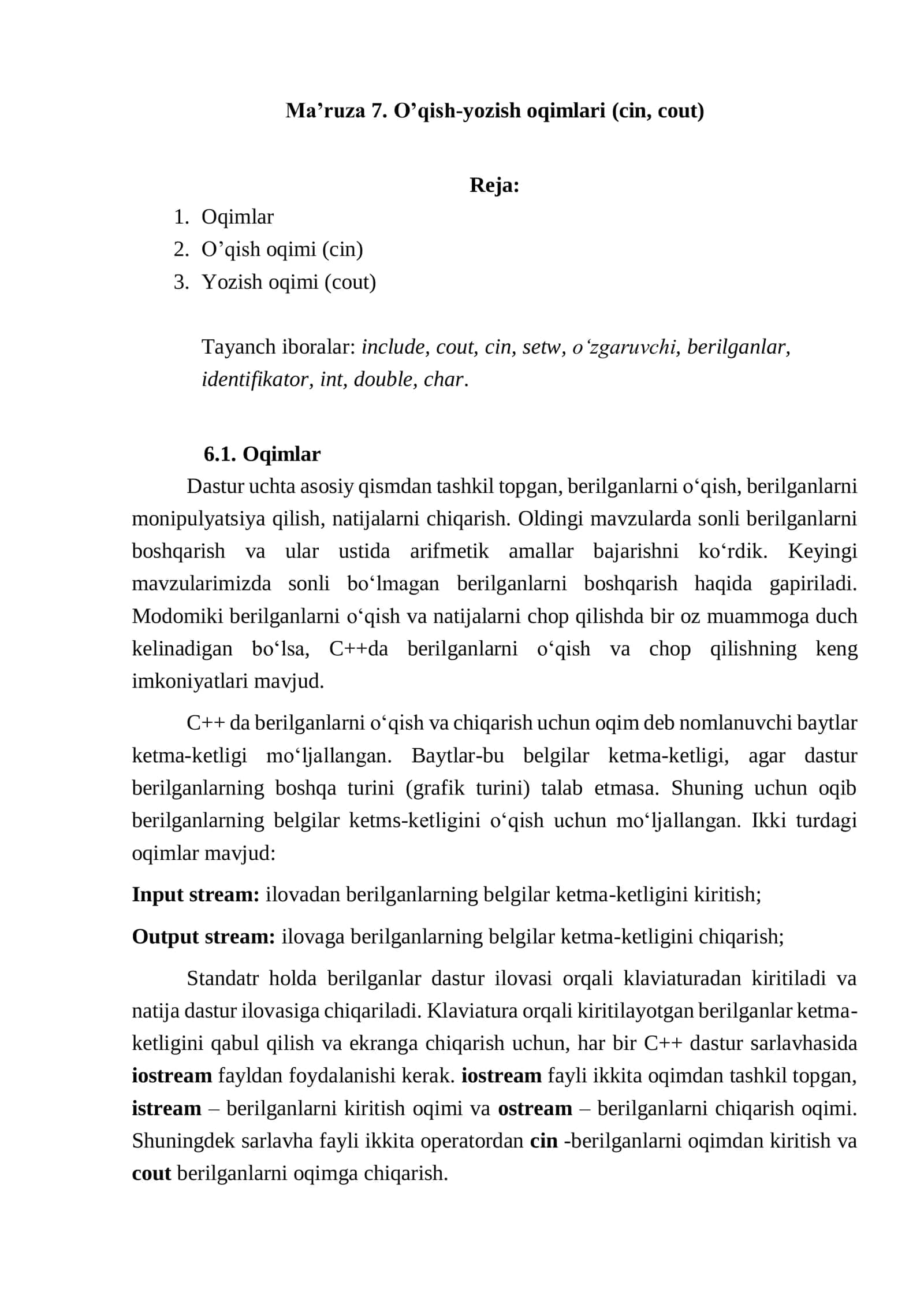 O'qish-yozish oqimlari (cin, cout) 1