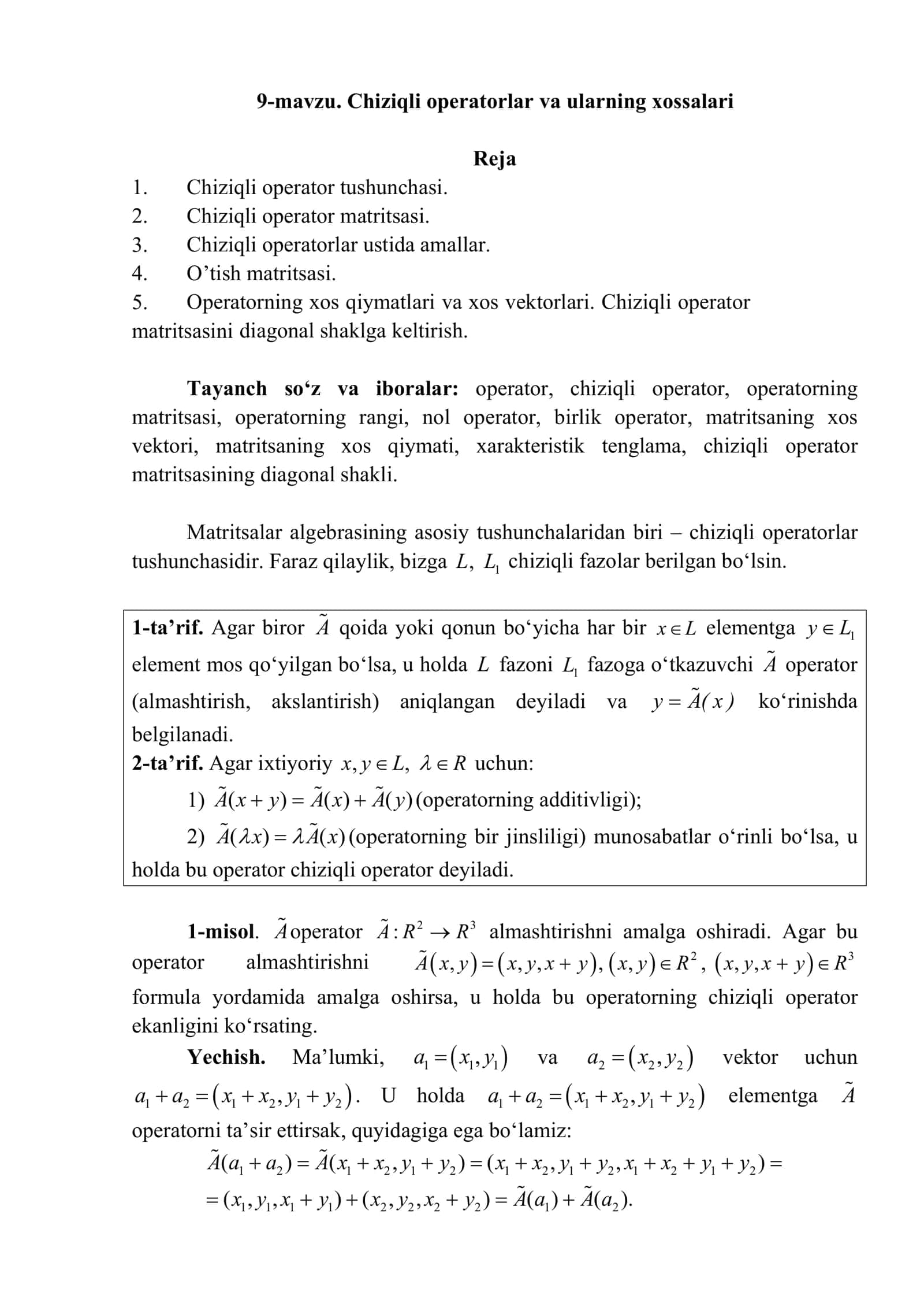 9-mavzu. Chiziqli operatorlar va ularning xossalari 1