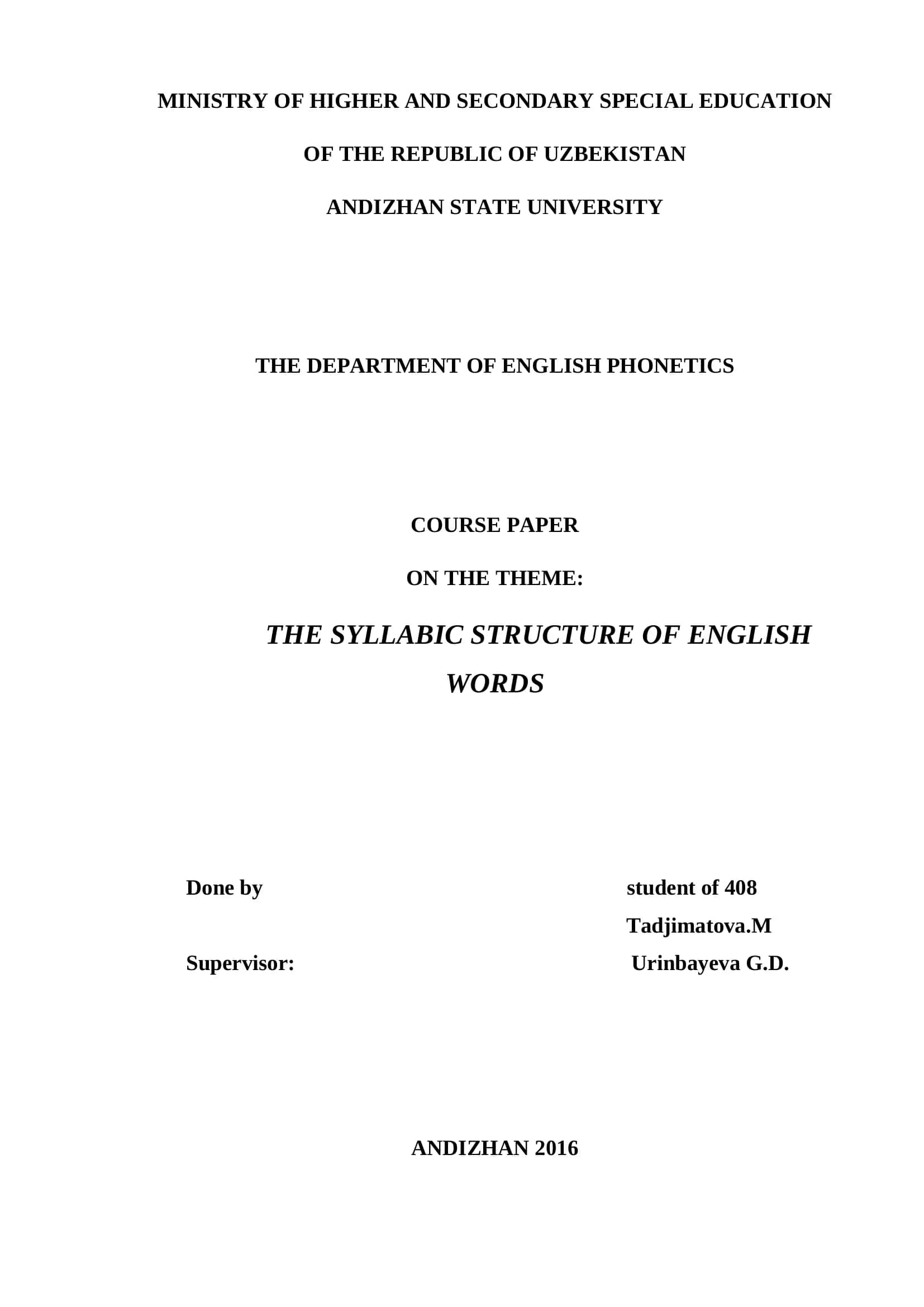 Course Paper on the Syllabic Structure of English Words 1