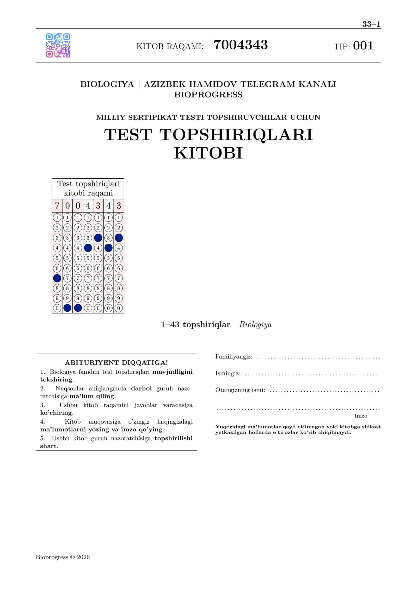 Biologiya Test Topshiriqlari 1