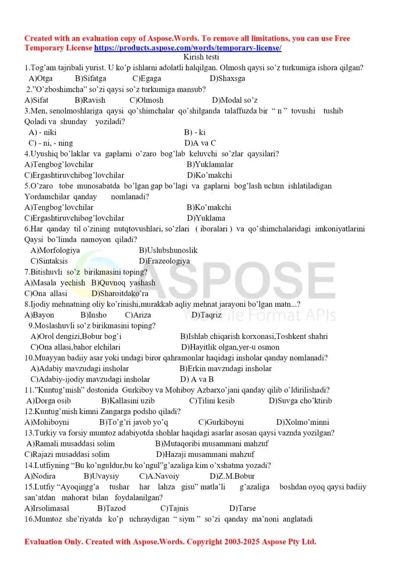 Ona tilidan 8-sinf uchun test 1