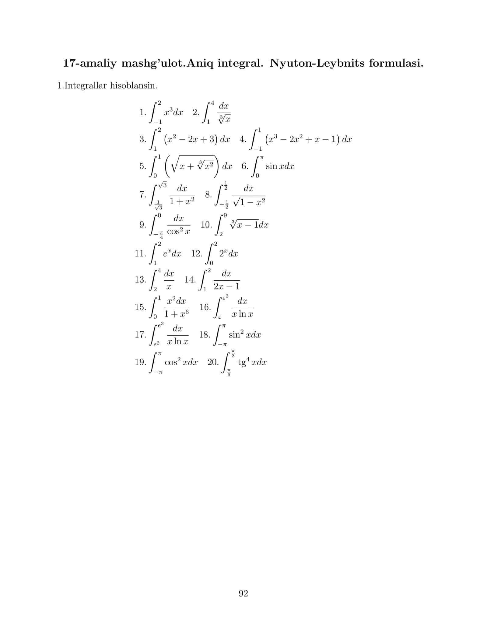 17-amaliy mashg’ulot.Aniq integral. Nyuton-Leybnits formulasi 1