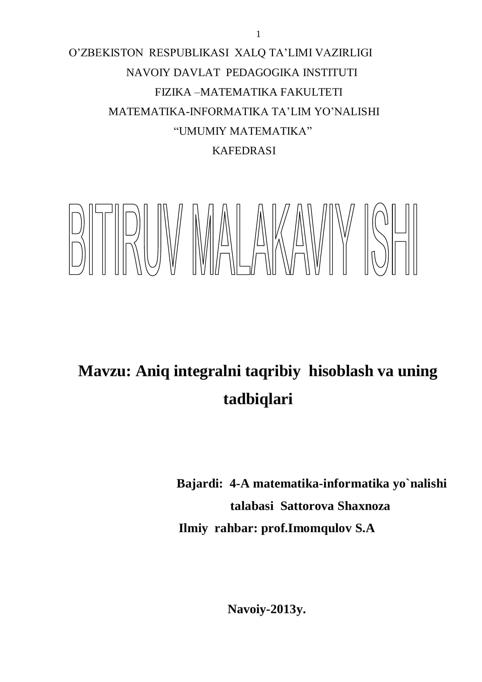 Aniq integralni taqribiy hisoblash va uning tadbiqlari 1