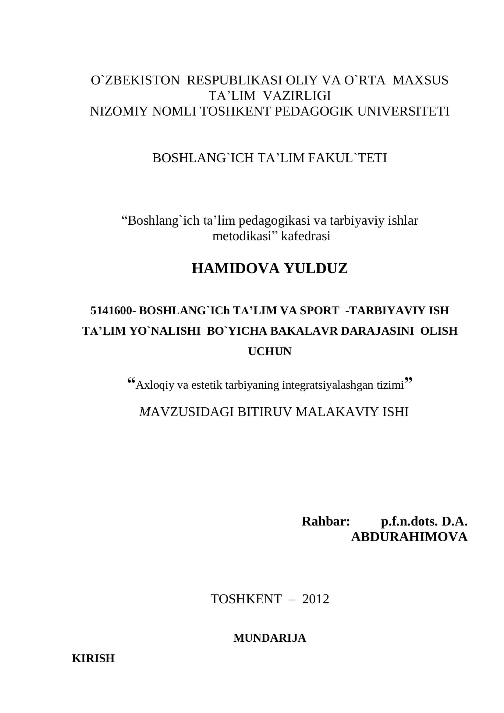 "Axloqiy va estetik tarbiyaning integratsiyalashgan tizimi" 1