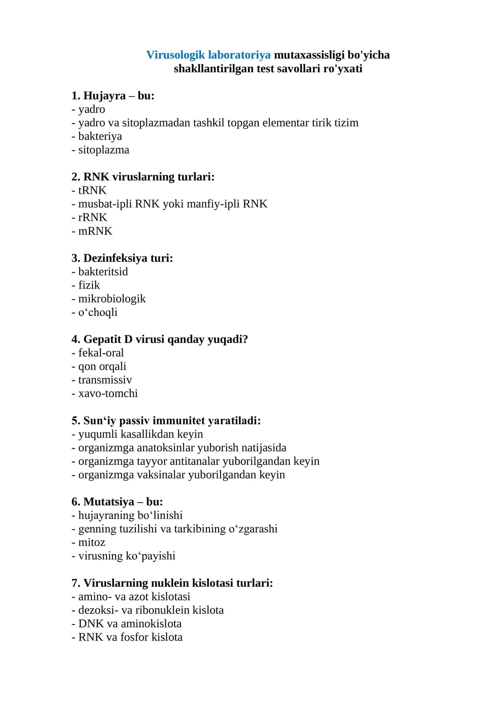 Virusologik laboratoriya mutaxassisligi bo'yicha savol-javoblar 2026 1