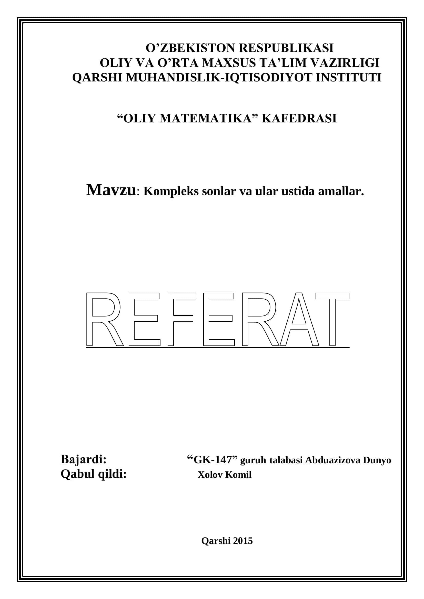 Kompleks sonlar va ular ustida amallar 1