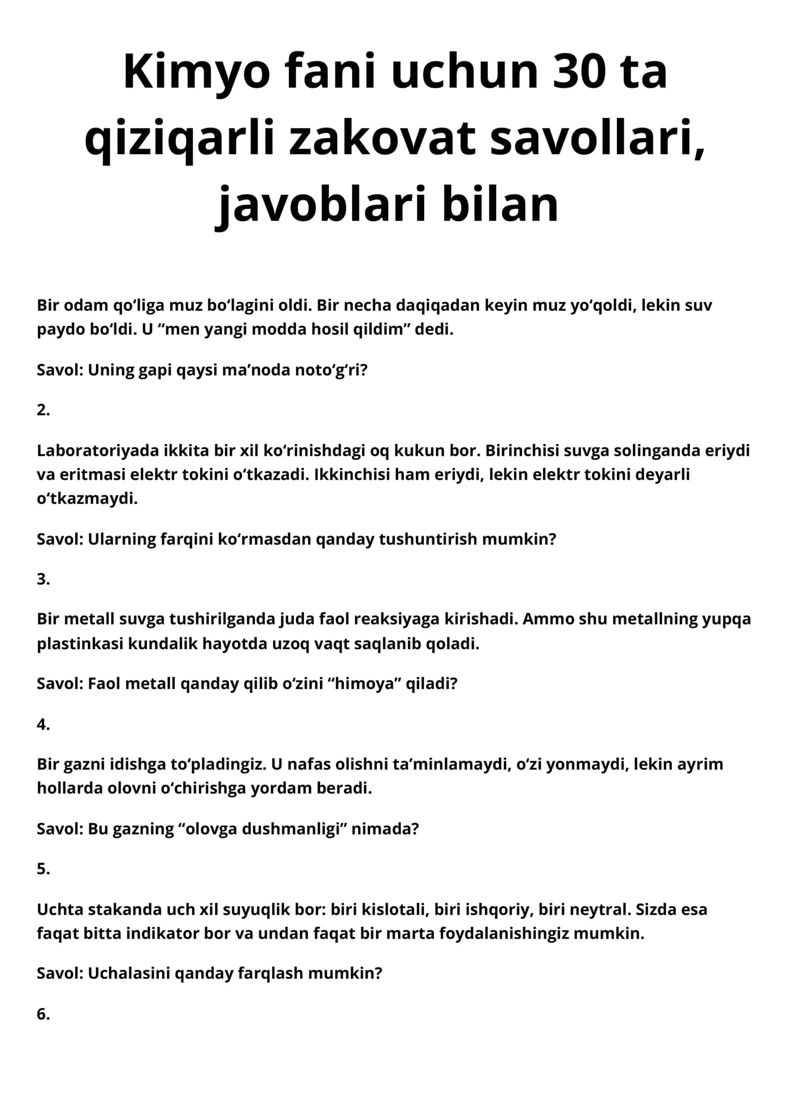 Kimyo fanidan zakovat savollari 1
