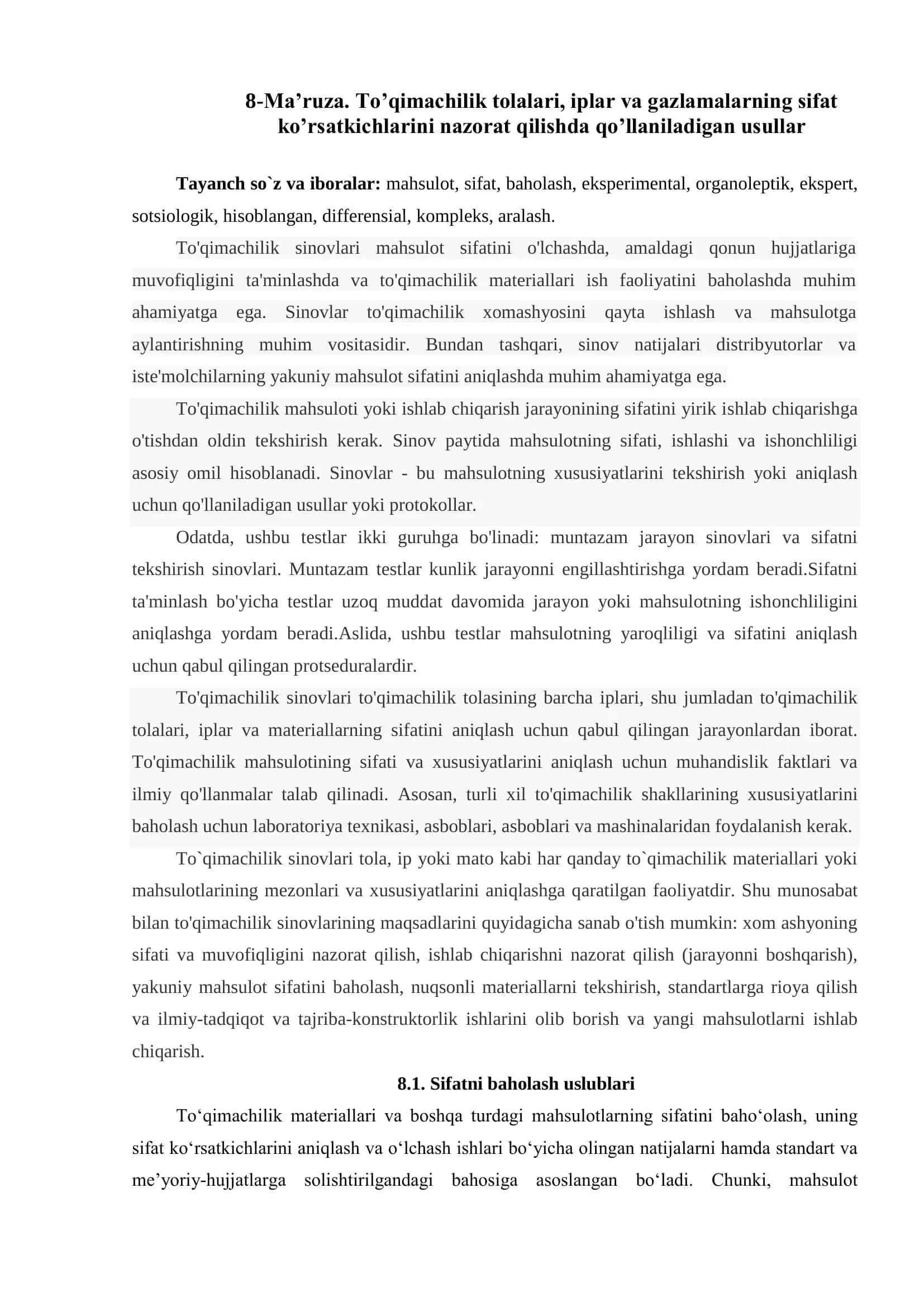 To’qimachilik tolalari, iplar va gazlamalar 1