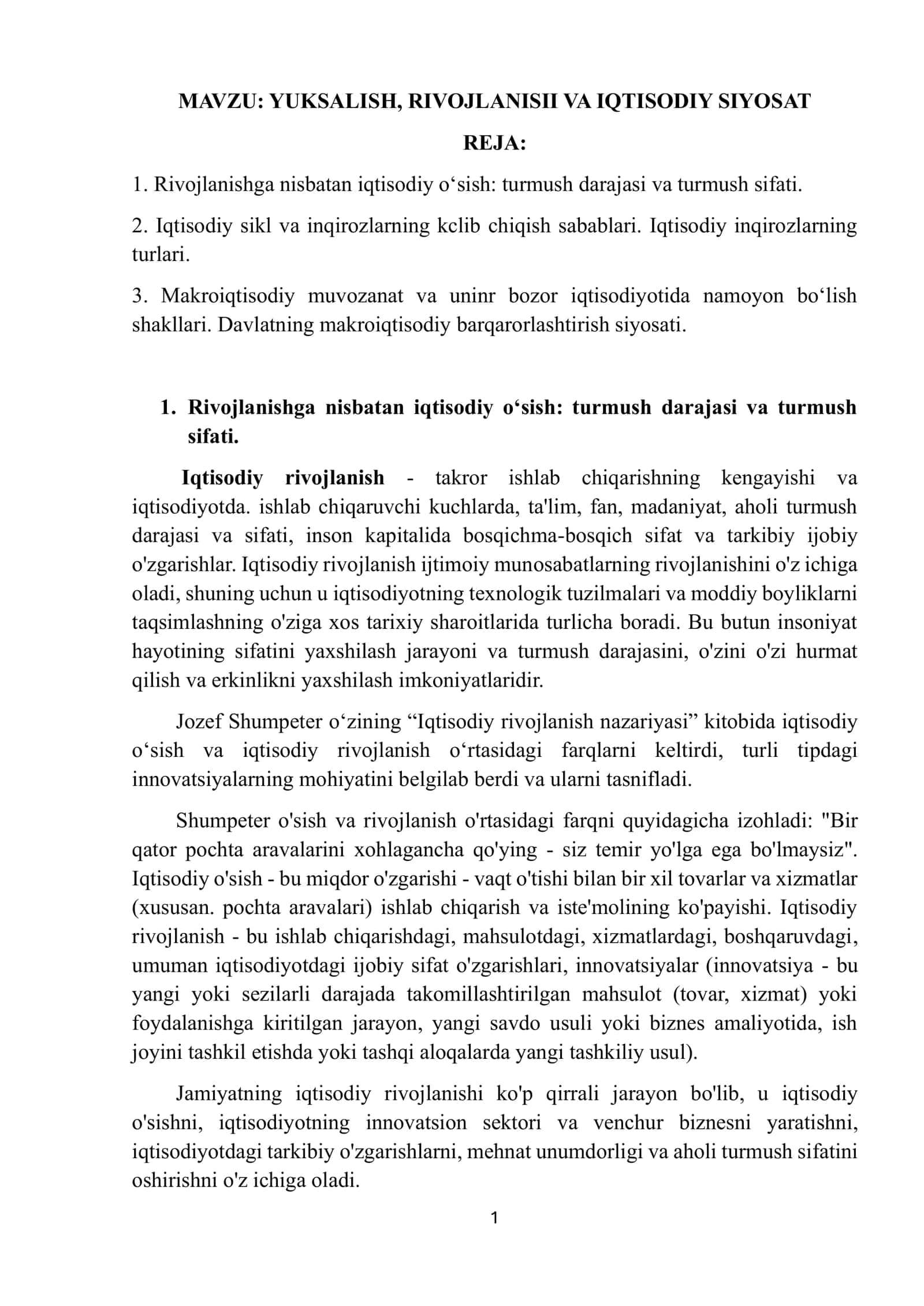 YUKSALISH, RIVOJLANISII VA IQTISODIY SIYOSAT 1