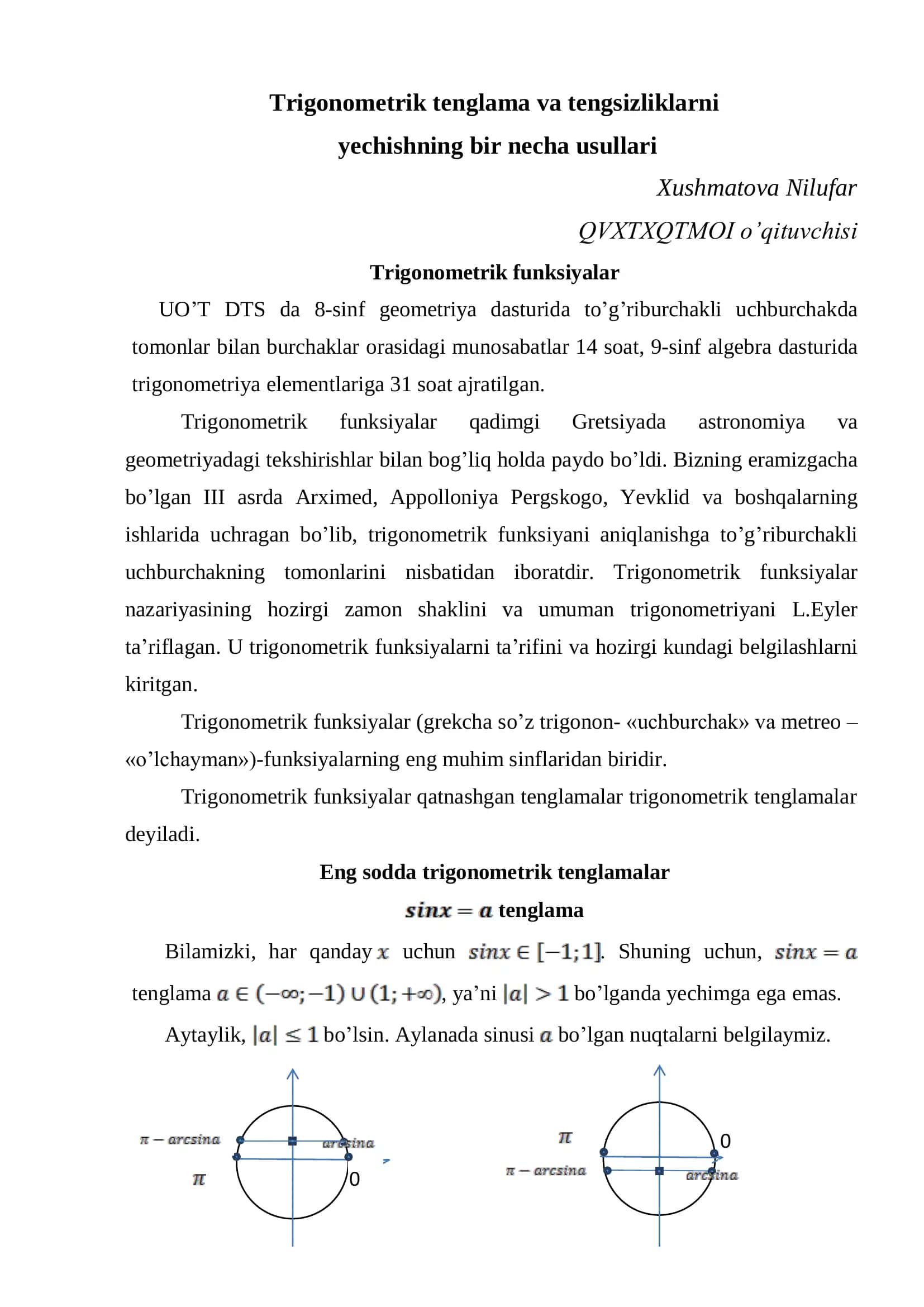 Trigonometrik tenglama va tengsizliklarni yechishning bir necha usullari 1