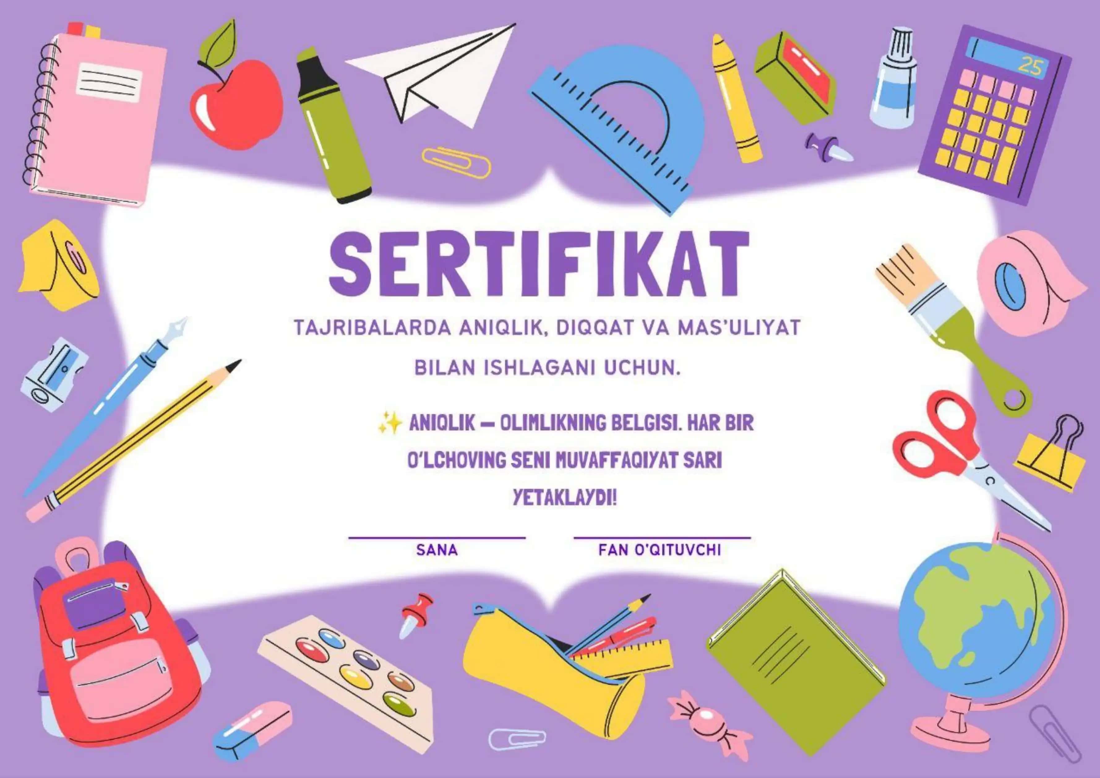 Fizika darsi uchun sertifikat diplomlar 1