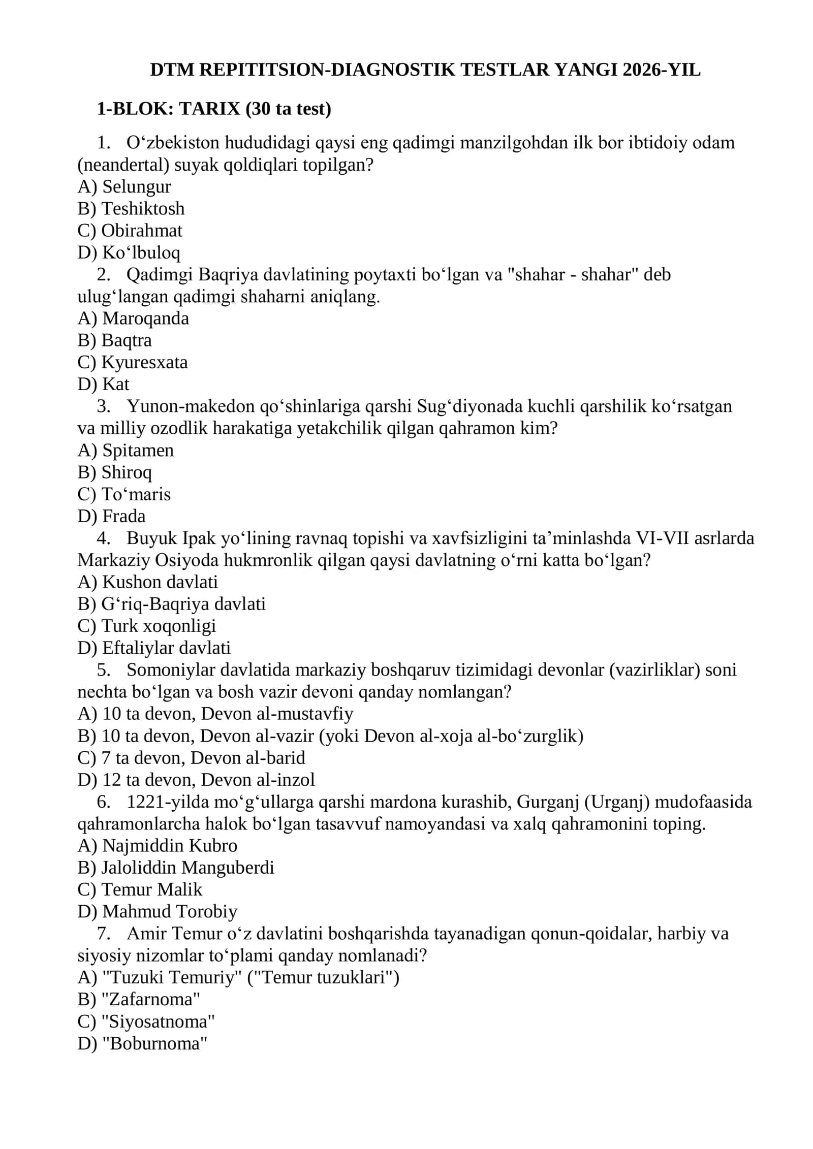 DTM REPITITSION-DIAGNOSTIK TESTLAR YANGI 2026-YIL TARIX-DAVLAt VA HUQUQ ASOSLARI 1