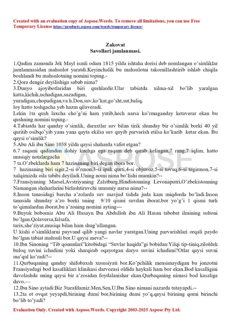 Zakovat Savollari jamlanmasi tadbirlar uchun 1