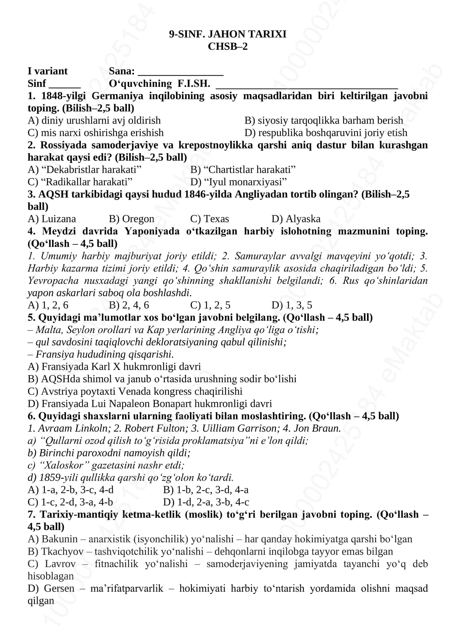 9-SINF. JAHON TARIXI СHSB–2 1