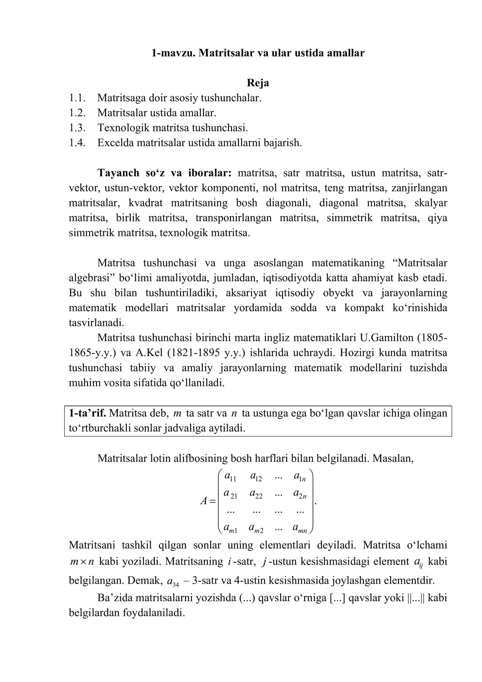 Matritsalar va ular ustida amallar 1