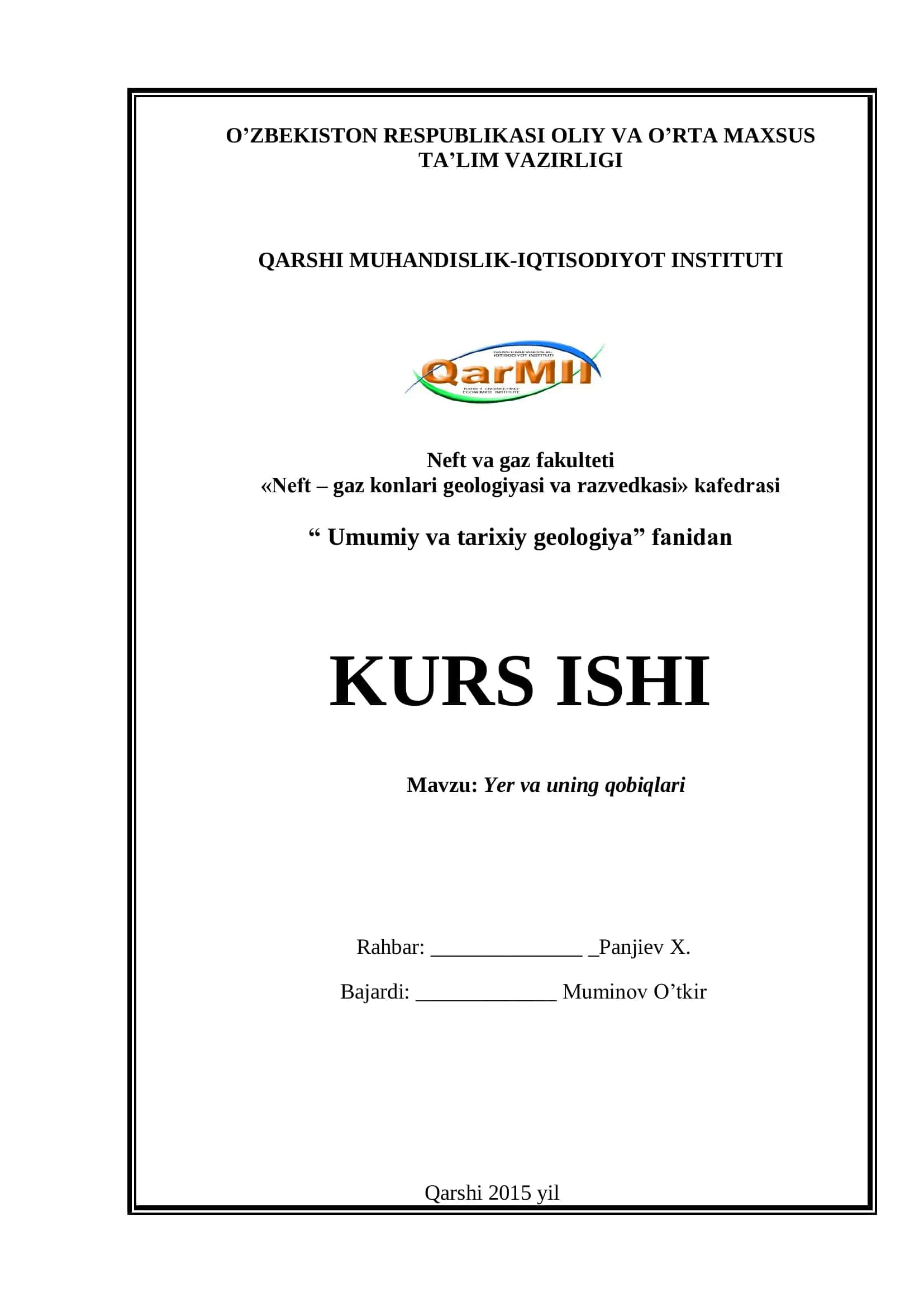 KURS ISHI Umumiy va tarixiy geologiya 1