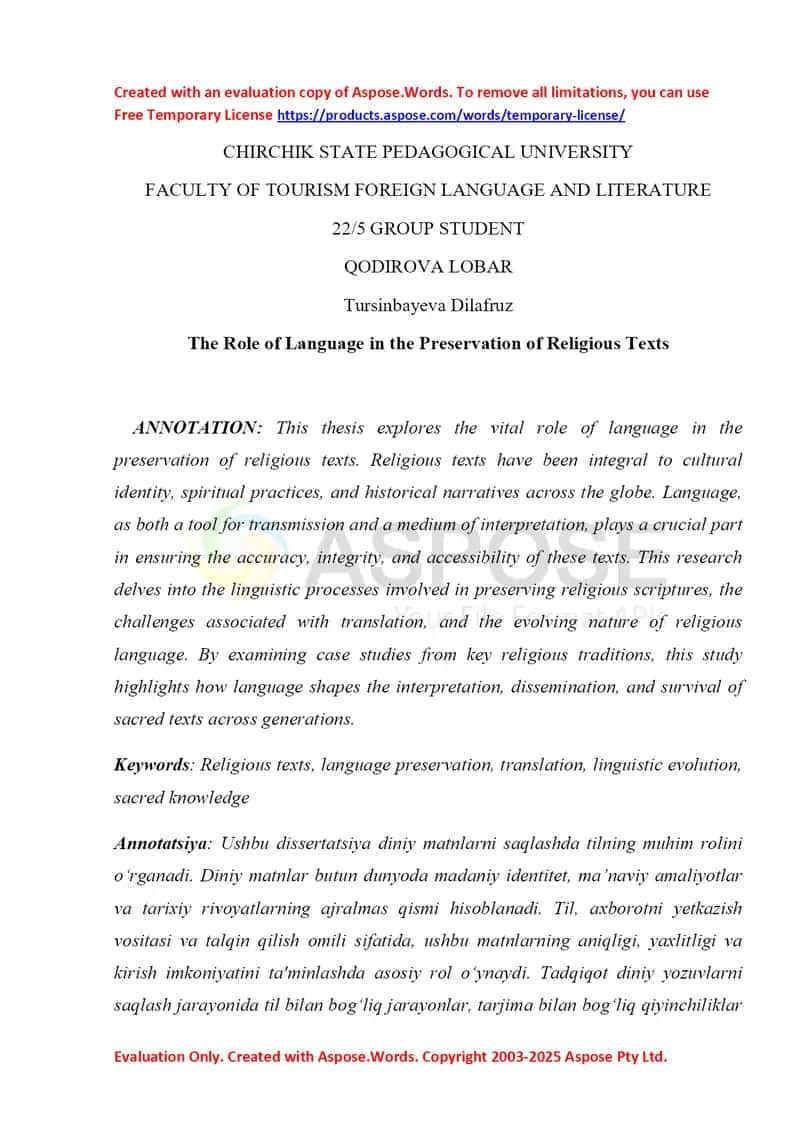 The Role of Language in the Preservation of Religious Texts 1