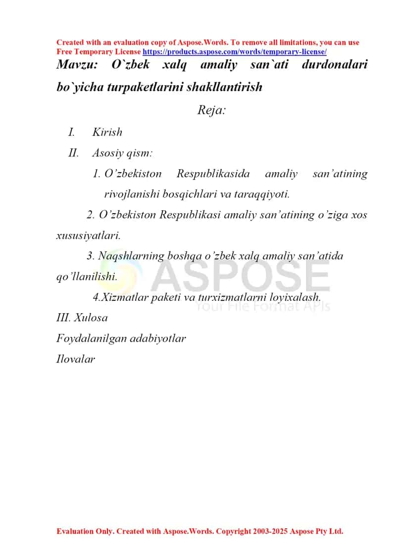 O`zbek xalq amaliy san`ati durdonalari bo`yicha turpaketlarini shakllantirish 1