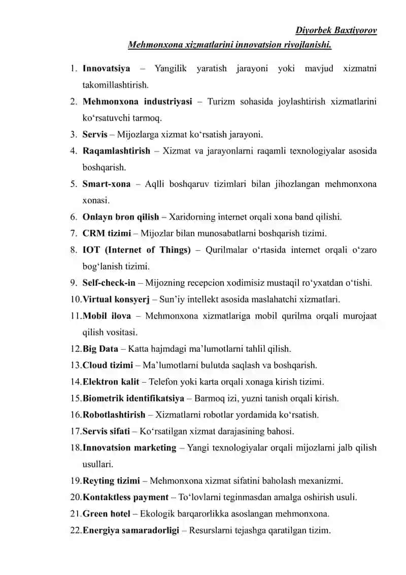 Mehmonxona xizmatlari innovatsion rivojlanishi