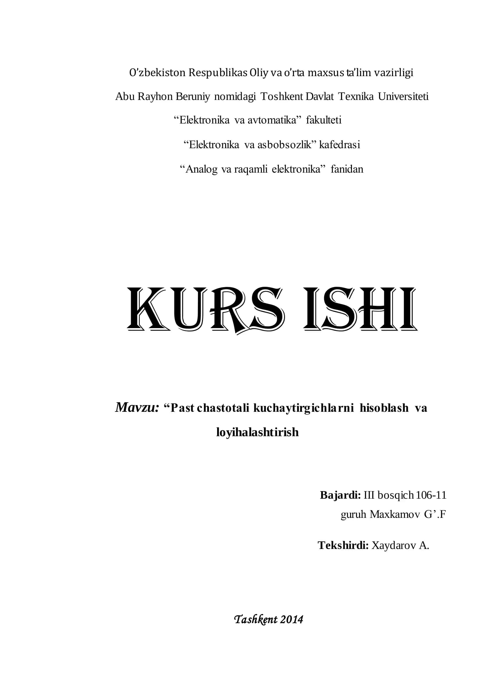 Past chastotali kuchaytirgichlarni hisoblash va loyihalashtirish 1