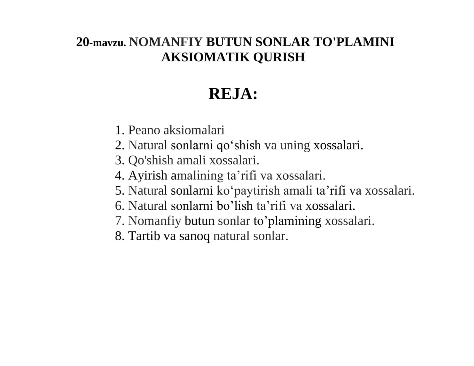 NOMANFIY BUTUN SONLAR TO'PLAMINI AKSIOMATIK QURISH 1