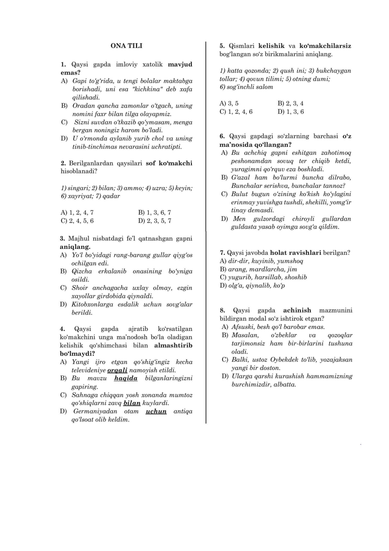Ona Tili Fanidan 30 Talik Testlar To‘plami 1
