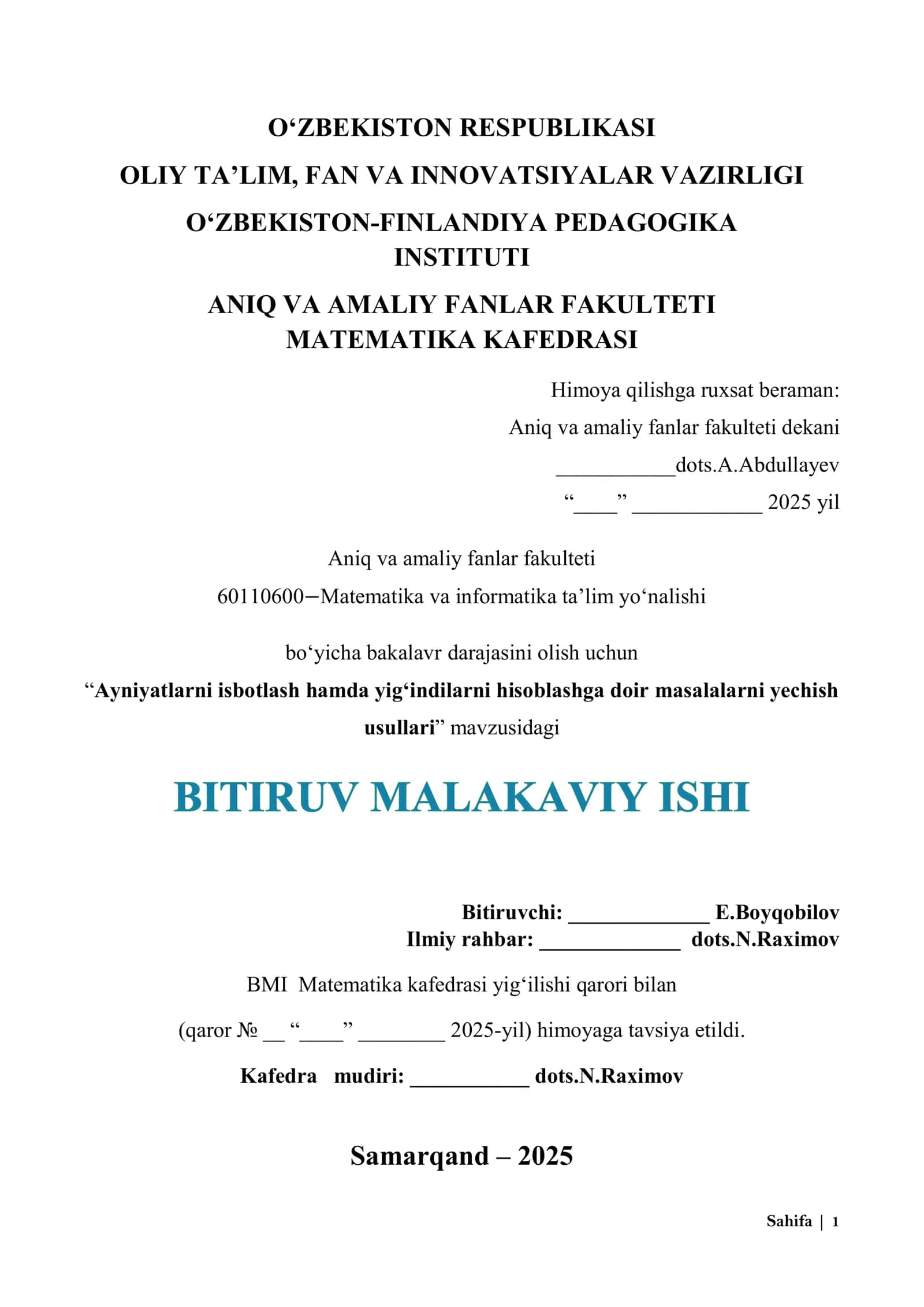 Ayniyatlarni isbotlash hamda yig‘indilarni hisoblashga doir masalalarni yechish usullari 1