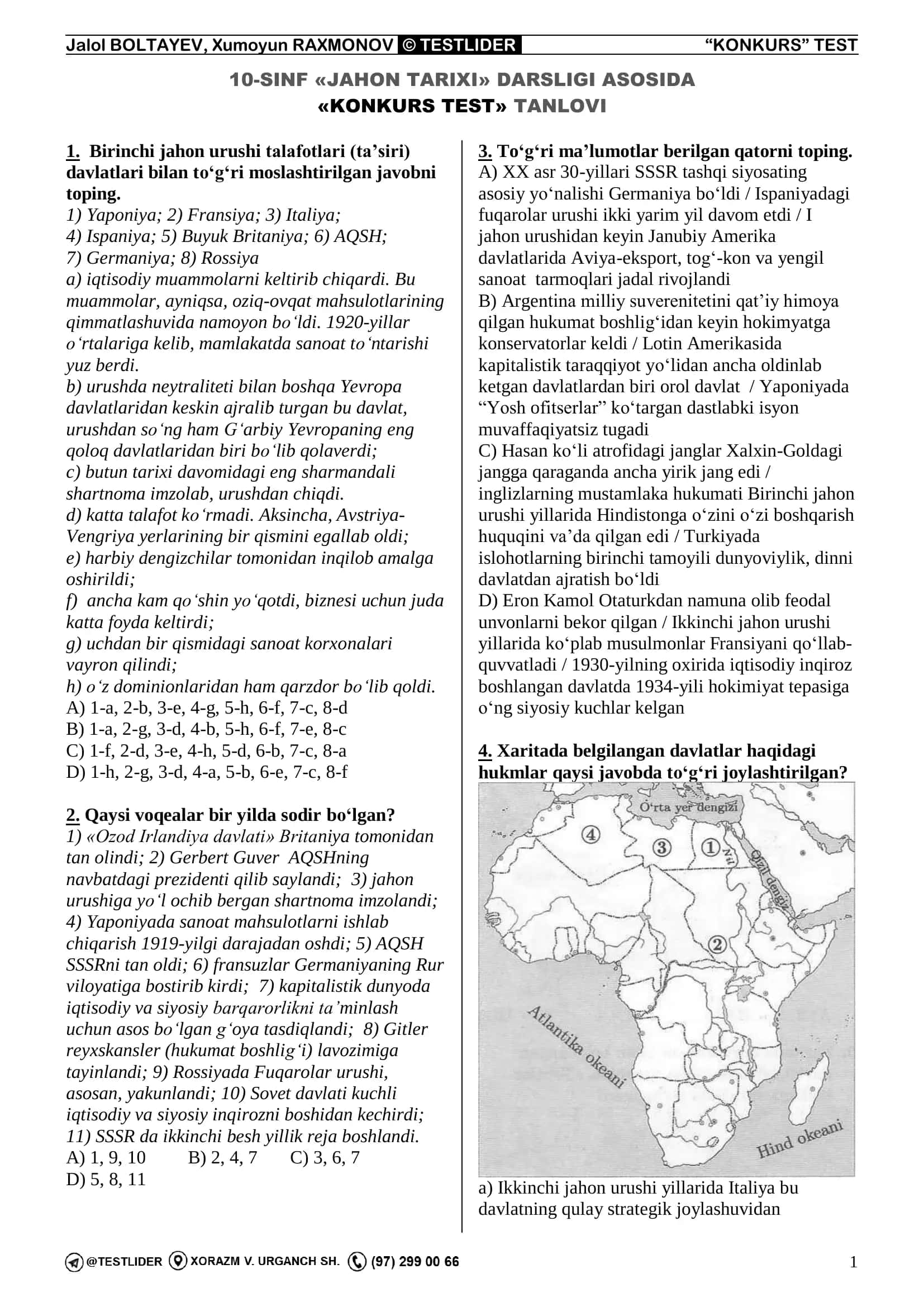 JAHON TARIXI TEST 1