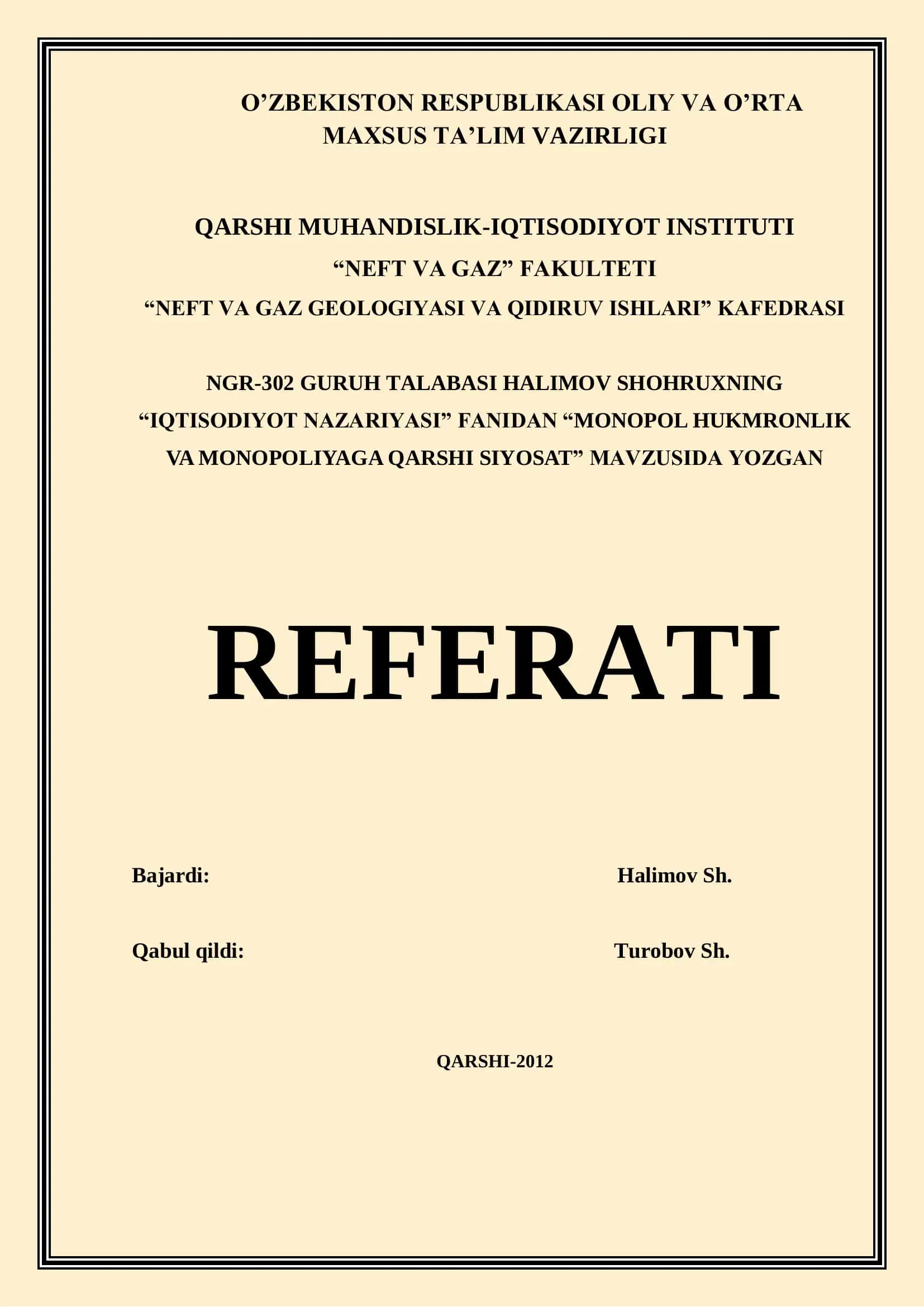 Monopol Hukmronlik va Monopoliyaga Qarshi Siyosat Referati 1